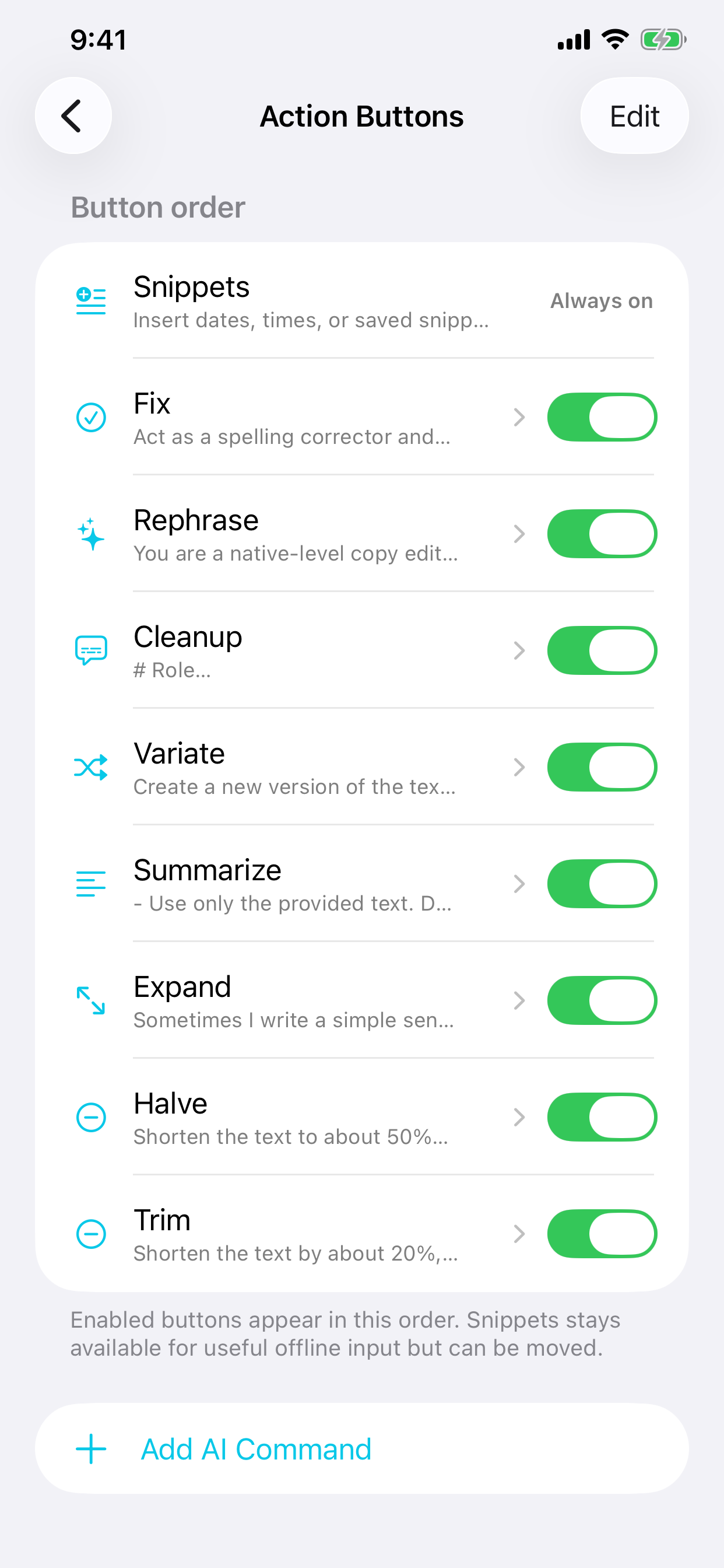 WriteForge action button customization screen