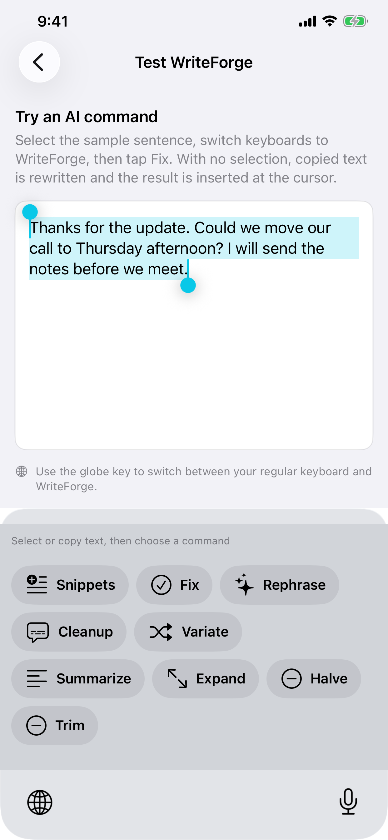 A text box with the WriteForge writing-action keyboard open